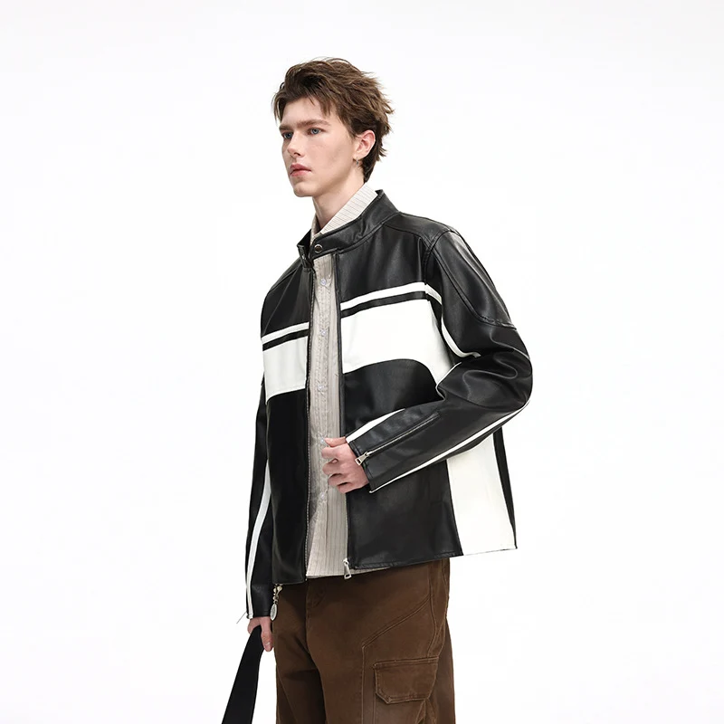 Herren Kontrast-Kunstleder-Bikerjacke mit Stehkragen und Zip-Ärmeln Nord Taschen