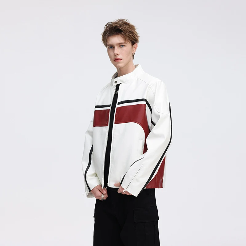 Herren Kontrast-Kunstleder-Bikerjacke mit Stehkragen und Zip-Ärmeln Nord Taschen