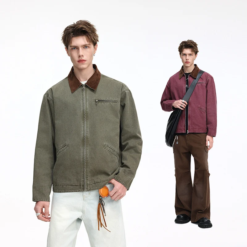 Herren Freizeitjacke aus gewaschenem Baumwollcanvas mit Cordkragen und Reißverschluss-Tasche Nord Taschen