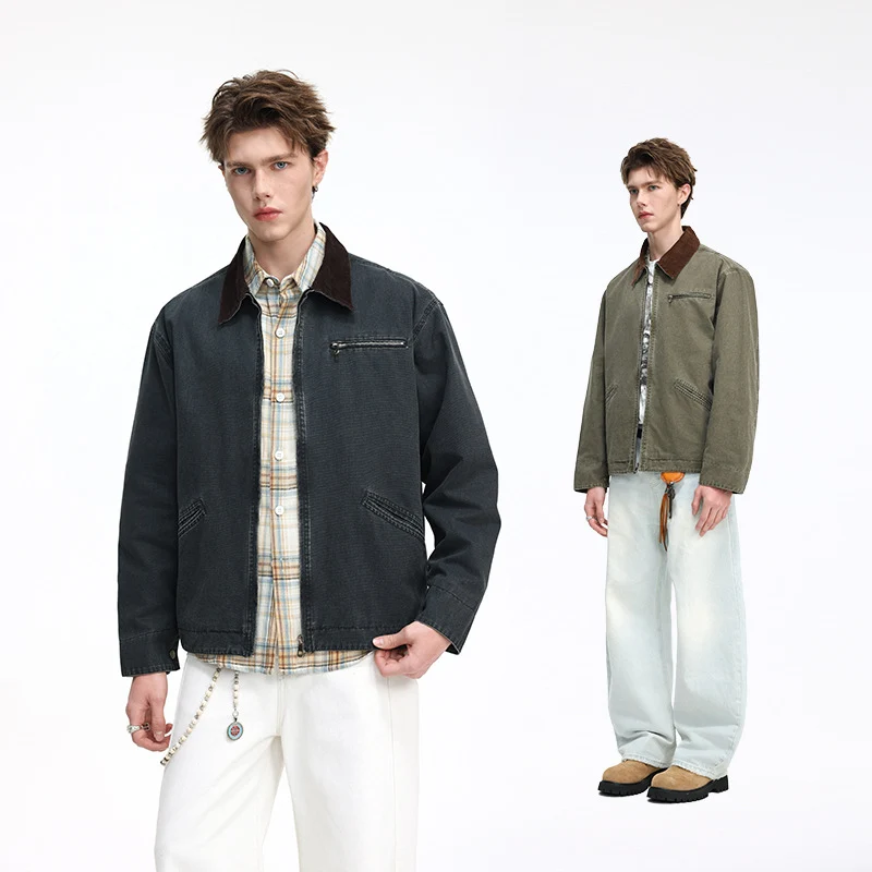Herren Freizeitjacke aus gewaschenem Baumwollcanvas mit Cordkragen und Reißverschluss-Tasche Nord Taschen