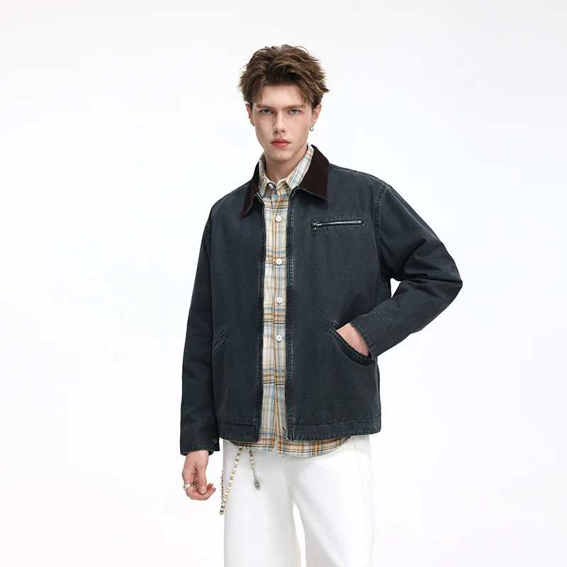 Herren Freizeitjacke aus gewaschenem Baumwollcanvas mit Cordkragen und Reißverschluss-Tasche Nord Taschen
