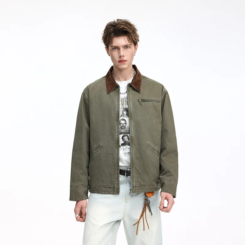 Herren Freizeitjacke aus gewaschenem Baumwollcanvas mit Cordkragen und Reißverschluss-Tasche Nord Taschen