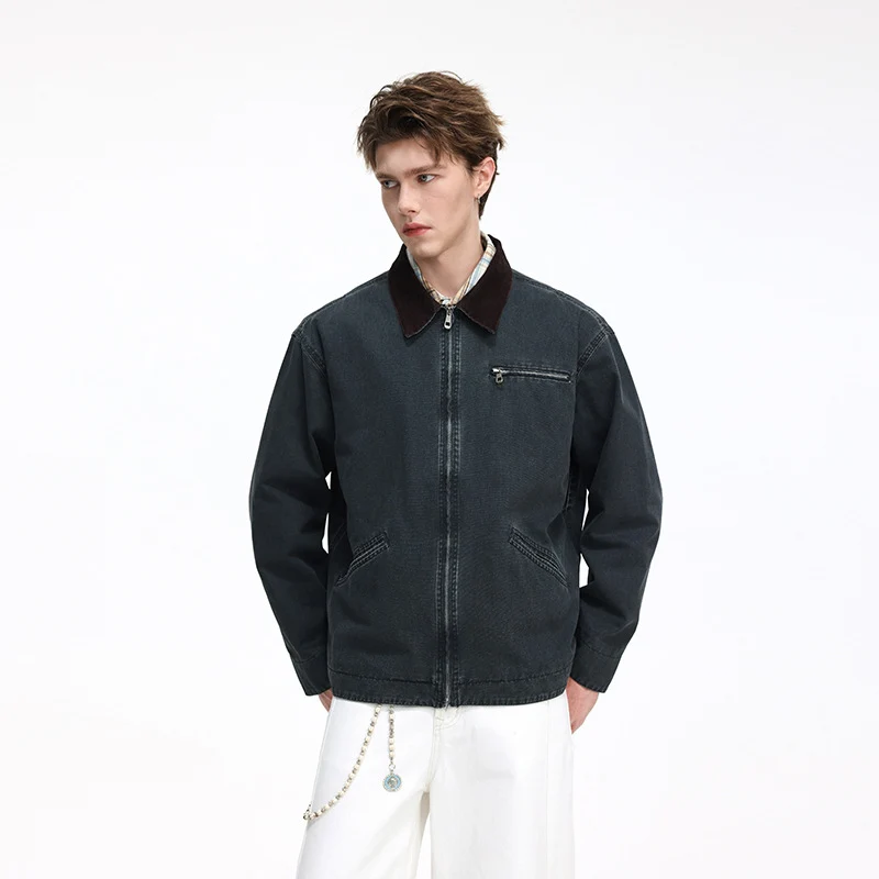 Herren Freizeitjacke aus gewaschenem Baumwollcanvas mit Cordkragen und Reißverschluss-Tasche Nord Taschen