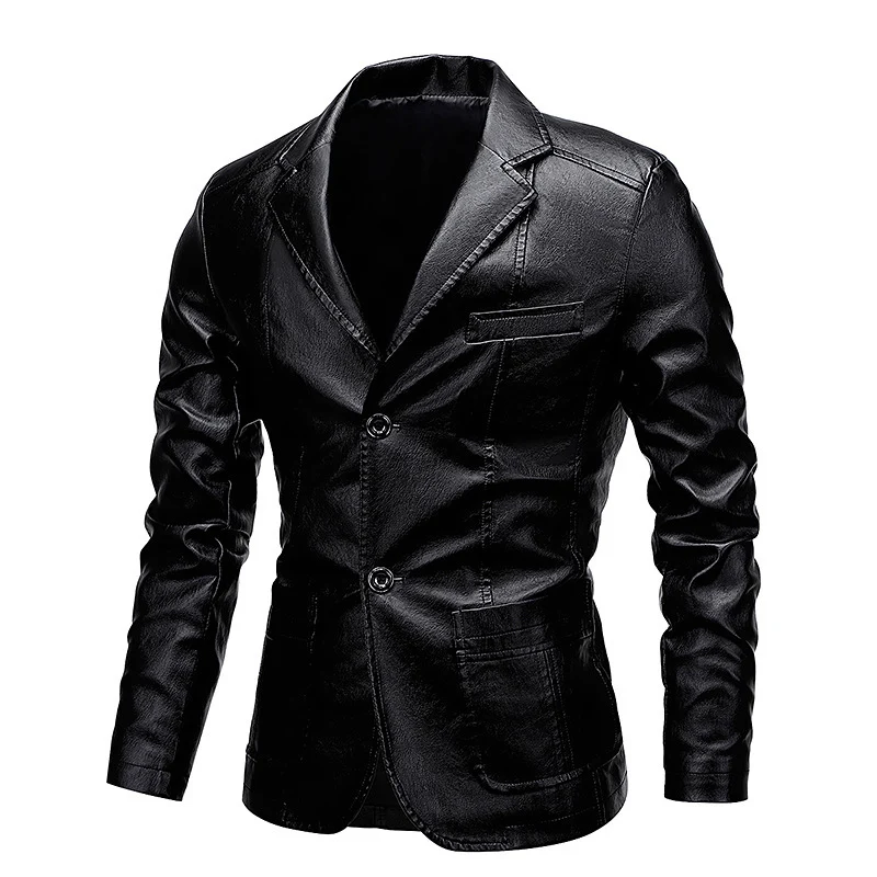 Herren Slim-Fit Kunstleder-Sakko mit Reverskragen und aufgesetzten Pattentaschen Nord Taschen