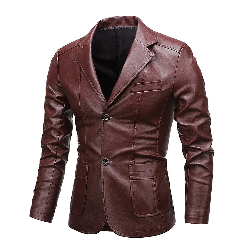 Herren Slim-Fit Kunstleder-Sakko mit Reverskragen und aufgesetzten Pattentaschen Nord Taschen