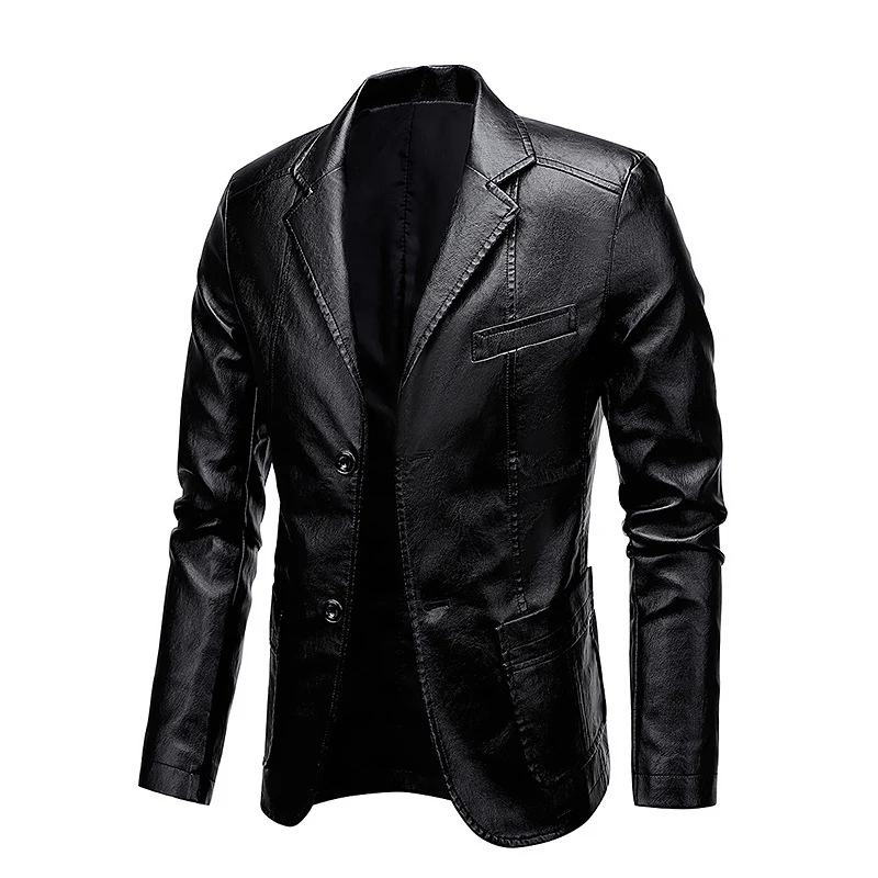 Herren Slim-Fit Kunstleder-Sakko mit Reverskragen und aufgesetzten Pattentaschen Nord Taschen