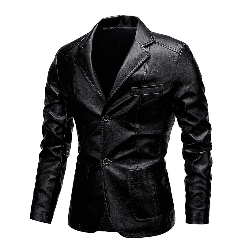 Herren Slim-Fit Kunstleder-Sakko mit Reverskragen und aufgesetzten Pattentaschen Nord Taschen