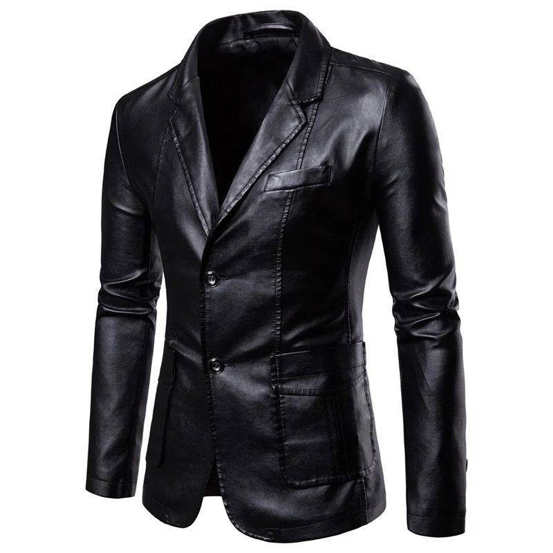 Herren Slim-Fit Kunstleder-Blazer mit Revers, Knopfleiste und aufgesetzten Taschen Nord Taschen