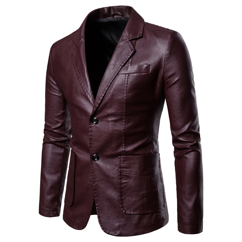 Herren Slim-Fit Kunstleder-Blazer mit Revers, Knopfleiste und aufgesetzten Taschen Nord Taschen