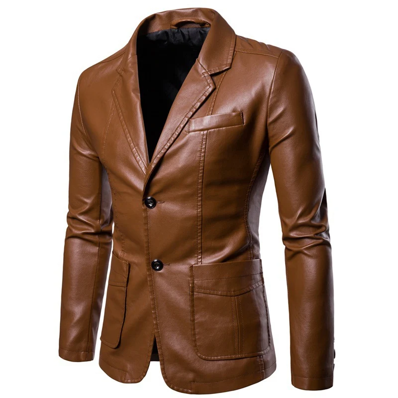 Herren Slim-Fit Kunstleder-Blazer mit Revers, Knopfleiste und aufgesetzten Taschen Nord Taschen