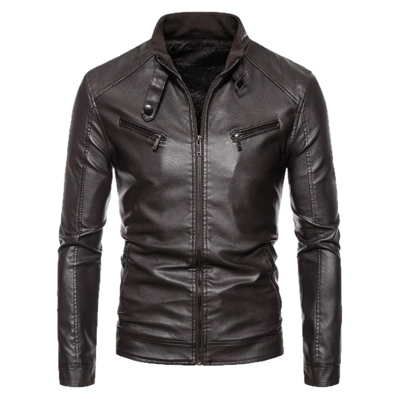 Herren Slim-Fit Kunstleder-Bikerjacke mit Stehkragen, Reißverschlusstaschen und weichem Innenfutter Nord Taschen