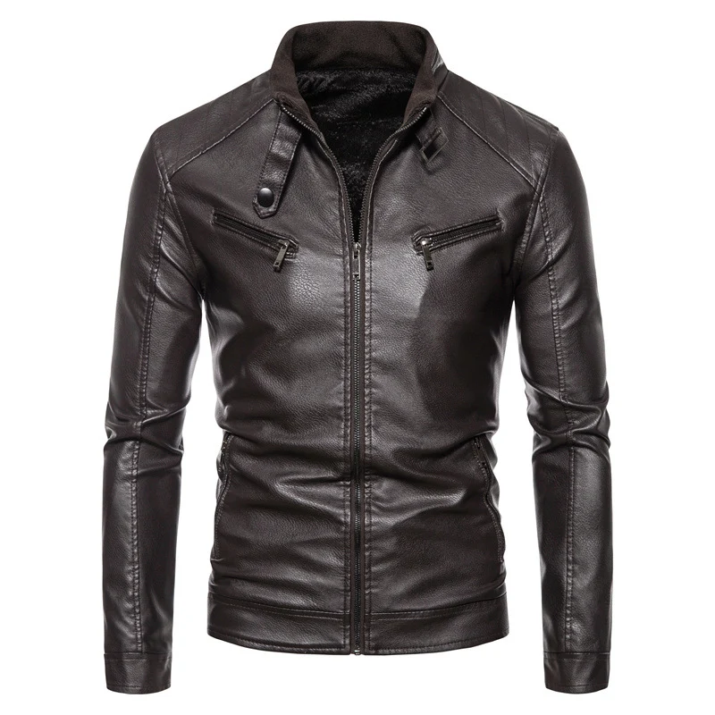 Herren Slim-Fit Kunstleder-Bikerjacke mit Stehkragen, Reißverschlusstaschen und weichem Innenfutter Nord Taschen