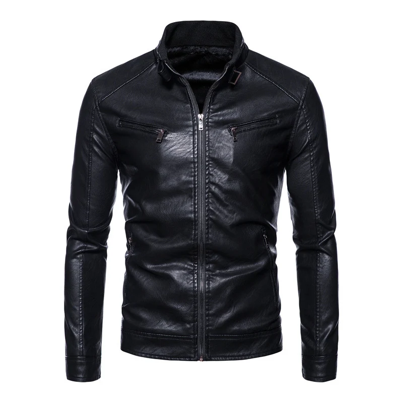 Herren Slim-Fit Kunstleder-Bikerjacke mit Stehkragen, Reißverschlusstaschen und weichem Innenfutter Nord Taschen