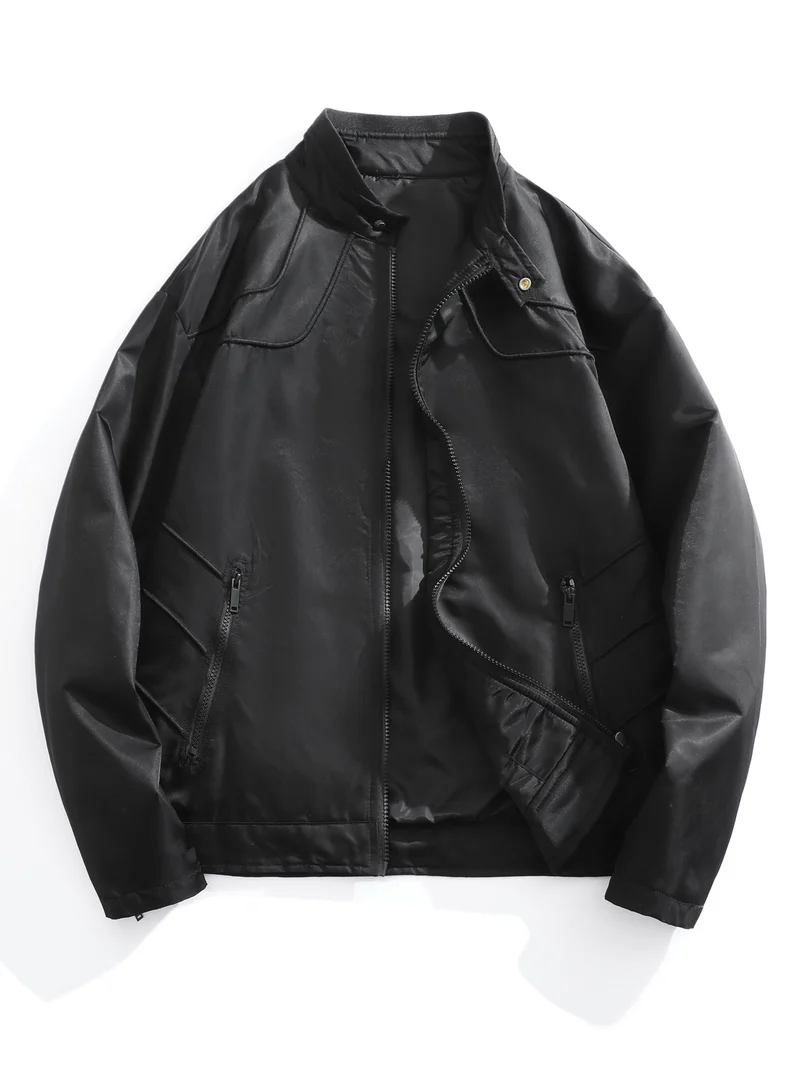 Herren schmale wasserabweisende Kunstlederoptik-Übergangsjacke mit Stehkragen Nord Taschen