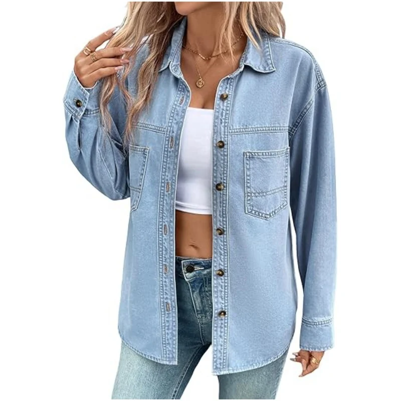 Damen Oversized Jeans-Hemdjacke aus Denim mit Brusttaschen Nord Taschen