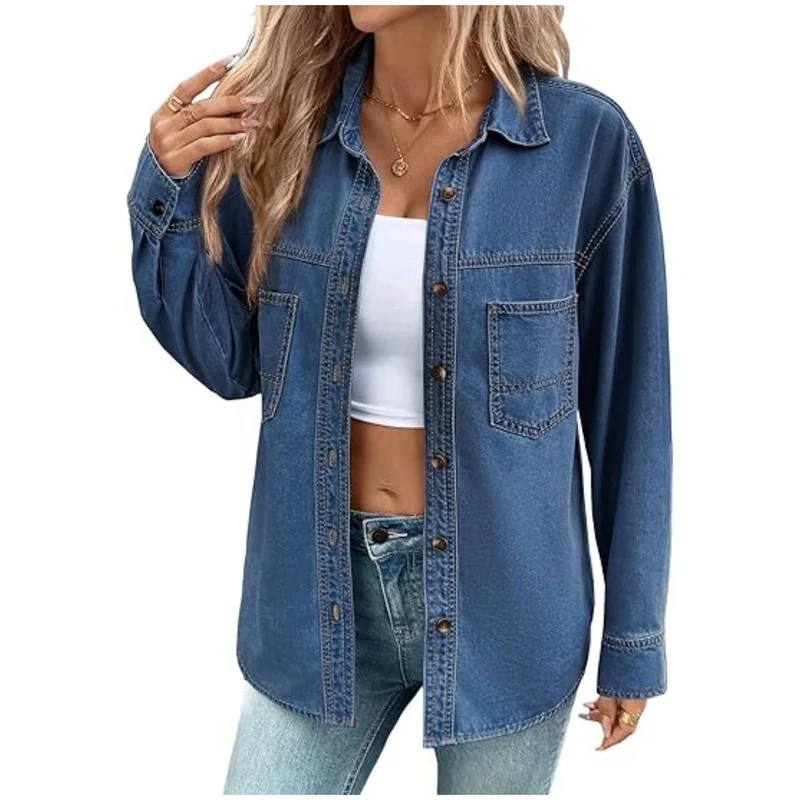 Damen Oversized Jeans-Hemdjacke aus Denim mit Brusttaschen Nord Taschen