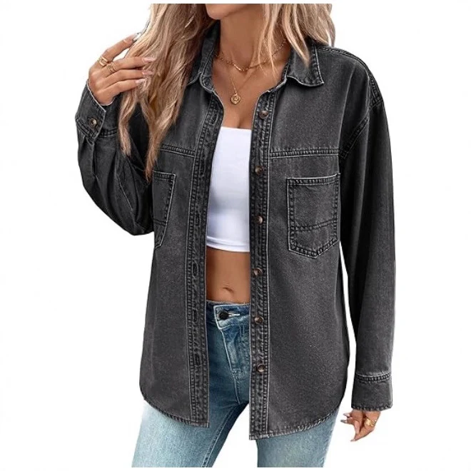 Damen Oversized Jeans-Hemdjacke aus Denim mit Brusttaschen Nord Taschen