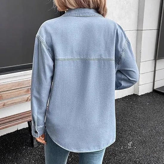 Damen Oversized Jeans-Hemdjacke aus Denim mit Brusttaschen Nord Taschen