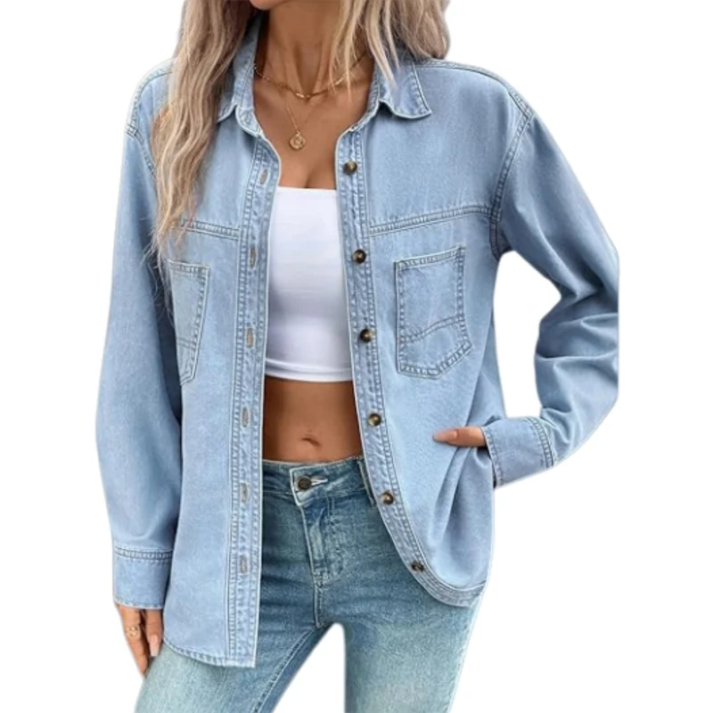 Damen Oversized Jeans-Hemdjacke aus Denim mit Brusttaschen Nord Taschen