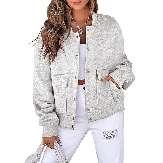 Damen Oversized Bomberjacke aus French Terry mit Druckknopf und aufgesetzten Taschen Nord Taschen