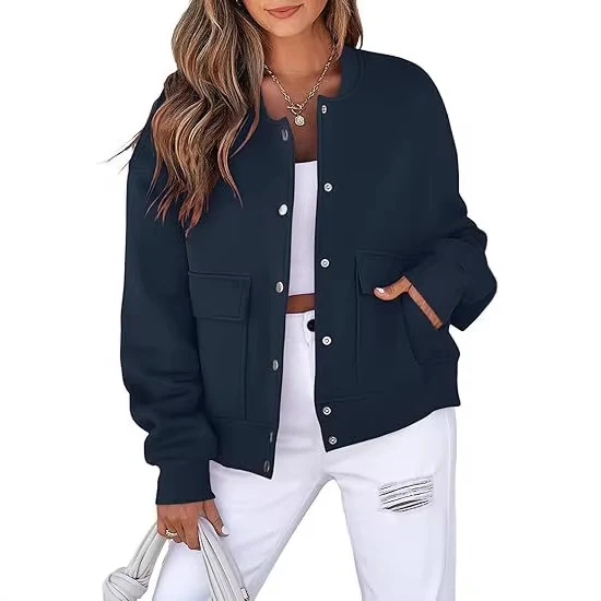 Damen Oversized Bomberjacke aus French Terry mit Druckknopf und aufgesetzten Taschen Nord Taschen