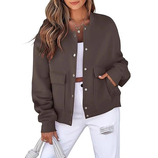 Damen Oversized Bomberjacke aus French Terry mit Druckknopf und aufgesetzten Taschen Nord Taschen