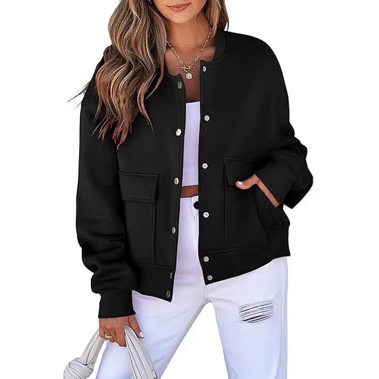 Damen Oversized Bomberjacke aus French Terry mit Druckknopf und aufgesetzten Taschen Nord Taschen