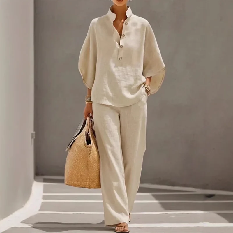 Damen Leichtes Leinen-Loungewear-Set mit Stehkragen Knopfleiste und weitem Marlene-Schnitt Nord Taschen