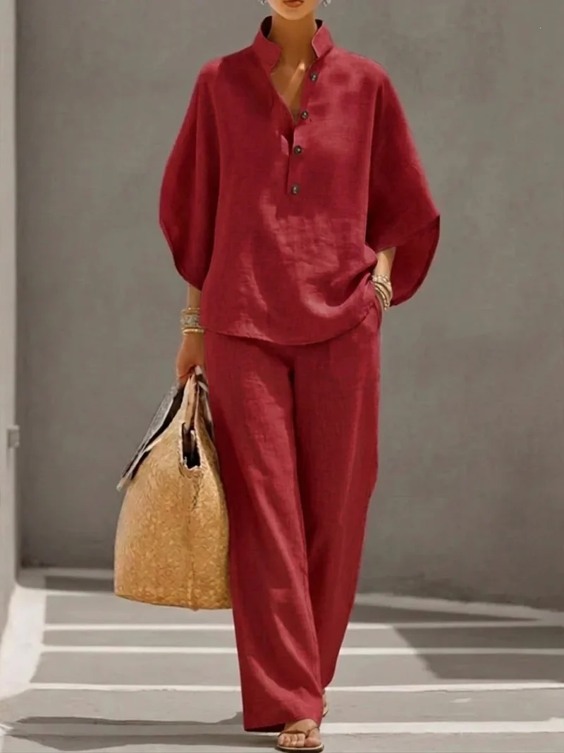 Damen Leichtes Leinen-Loungewear-Set mit Stehkragen Knopfleiste und weitem Marlene-Schnitt Nord Taschen