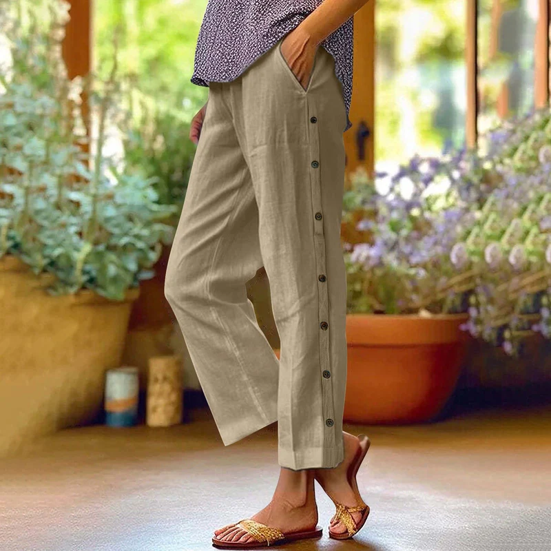Damen Leichte Relaxed-Hose mit seitlicher Knopfleiste und Eingrifftaschen Nord Taschen