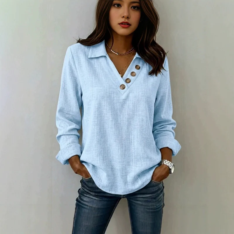 Damen Lässiges V-Ausschnitt-Blusenshirt mit Hemdkragen und asymmetrischer Zierknopfleiste Nord Taschen