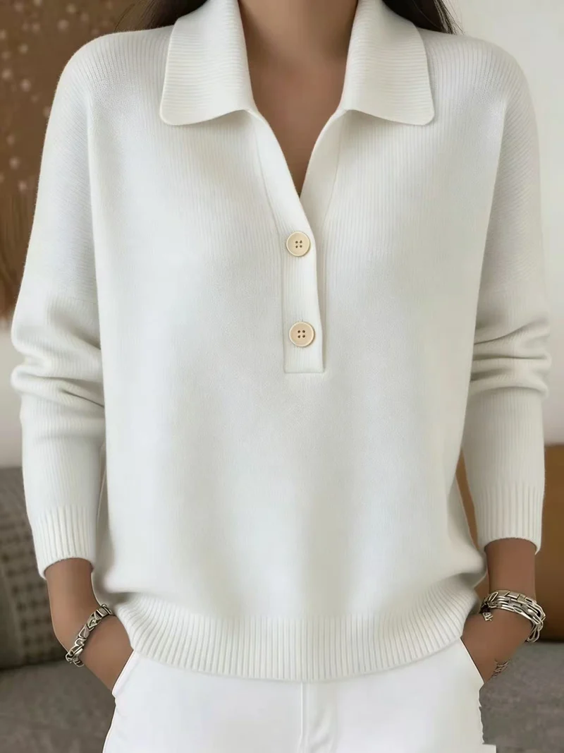 Damen lässiger Feinstrickpullover mit Polokragen und Zwei-Knopf-Leiste Nord Taschen