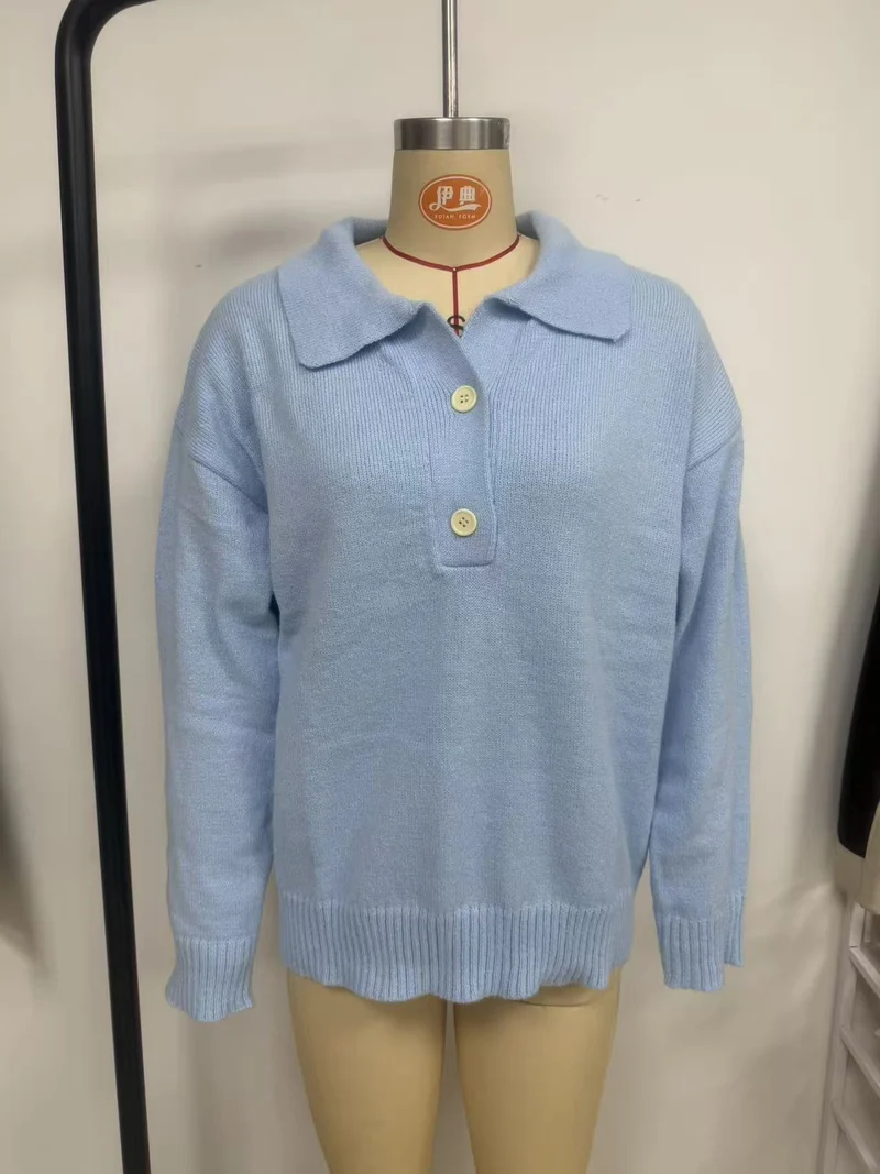 Damen lässiger Feinstrickpullover mit Polokragen und Zwei-Knopf-Leiste Nord Taschen
