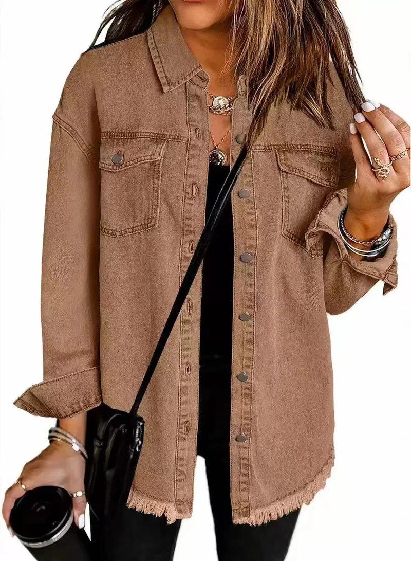 Damen Oversize Jeanshemdjacke mit Fransensaum Nord Taschen