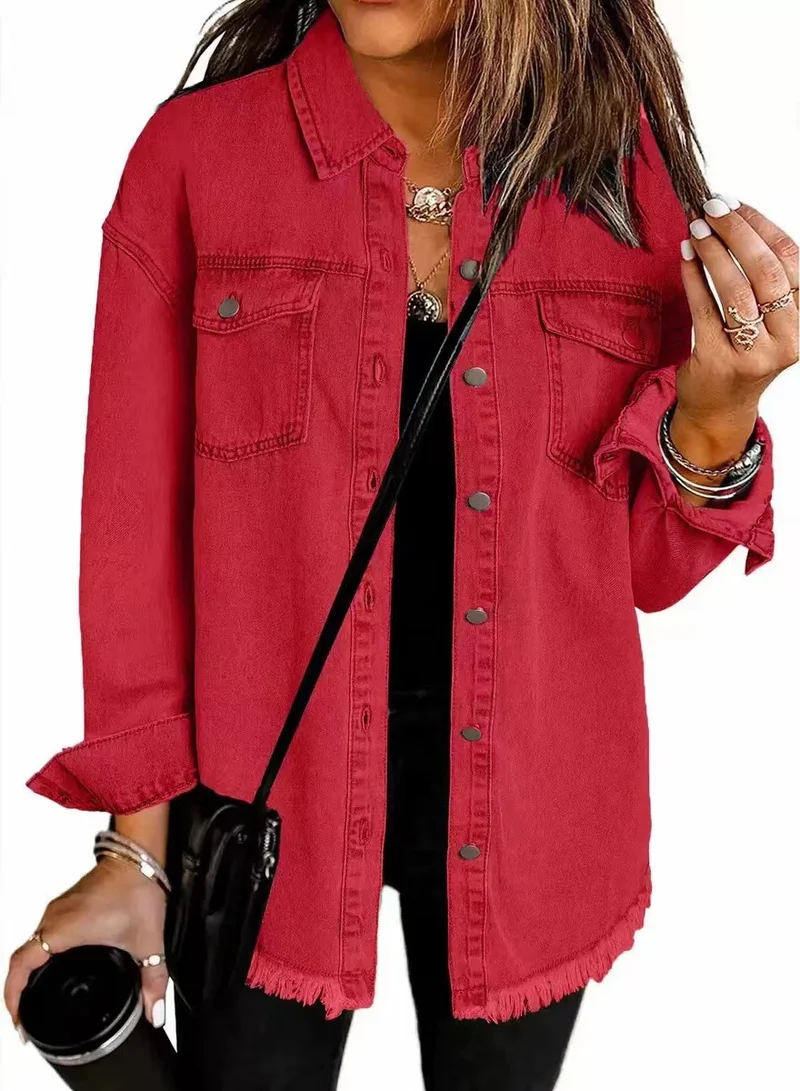 Damen Oversize Jeanshemdjacke mit Fransensaum Nord Taschen