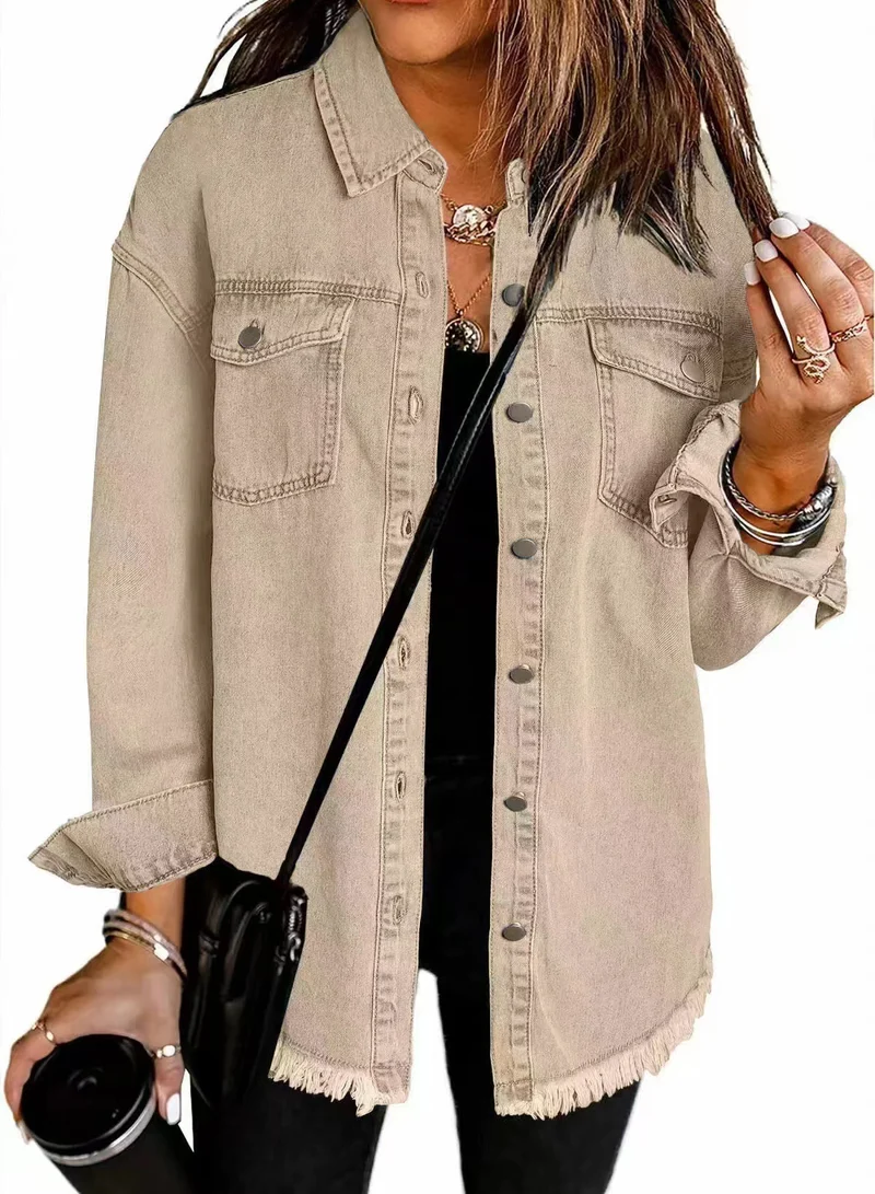 Damen Oversize Jeanshemdjacke mit Fransensaum Nord Taschen