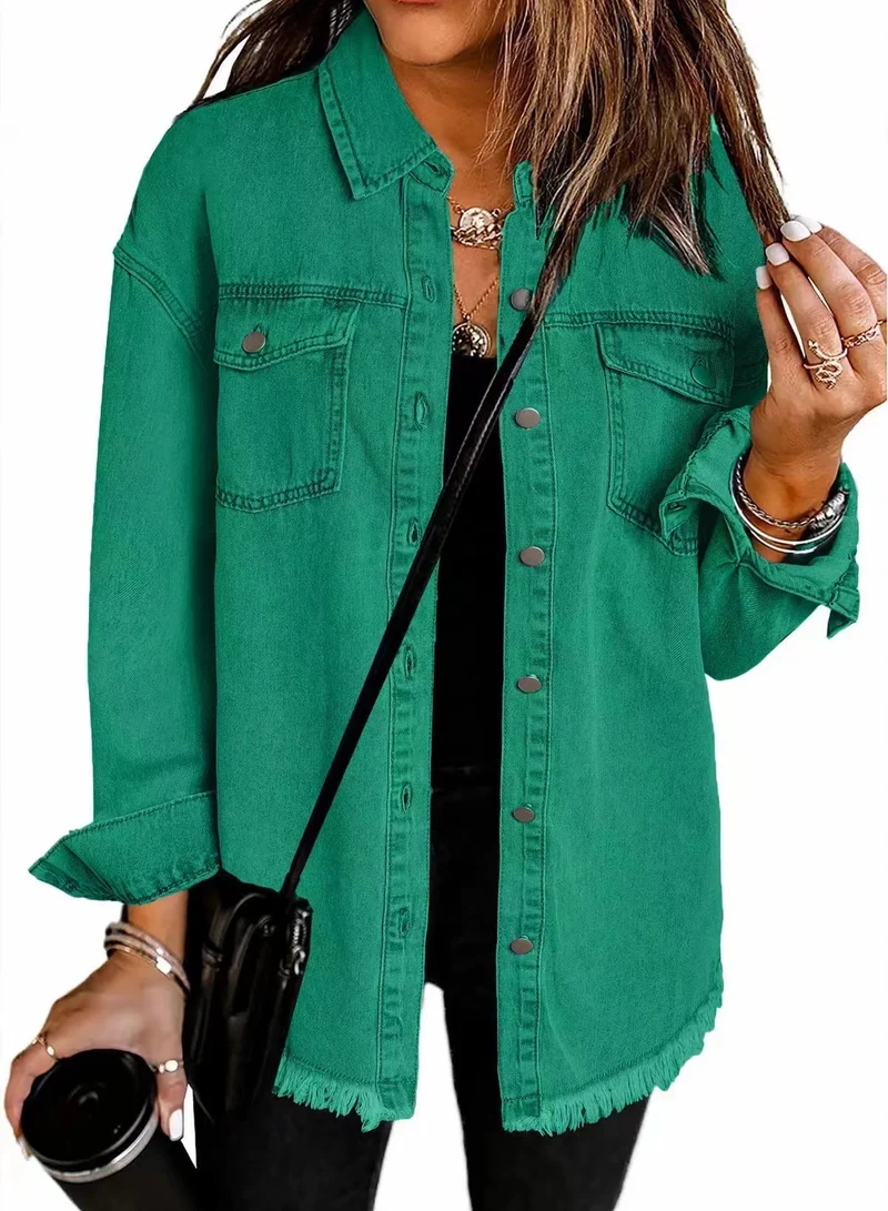 Damen Oversize Jeanshemdjacke mit Fransensaum Nord Taschen