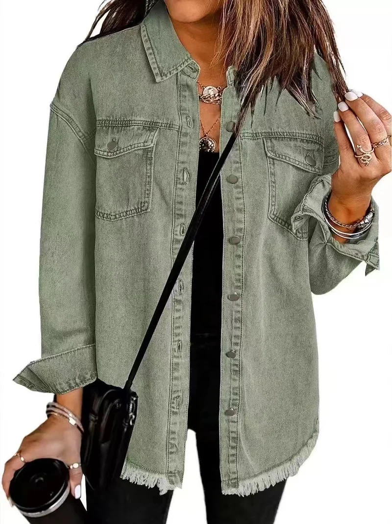 Damen Oversize Jeanshemdjacke mit Fransensaum Nord Taschen