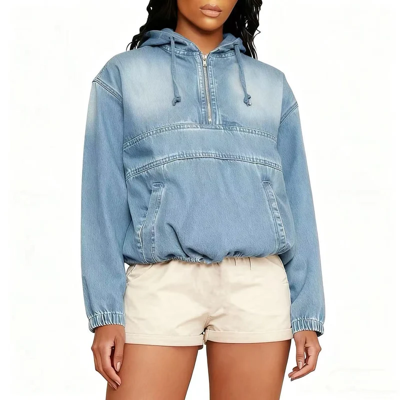 Damen Oversize Jeans-Hoodie mit halbem Reißverschluss, Kängurutasche und elastischem Saum Nord Taschen