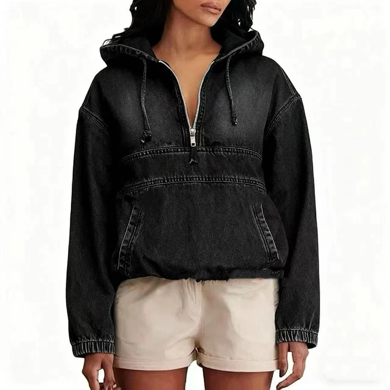 Damen Oversize Jeans-Hoodie mit halbem Reißverschluss, Kängurutasche und elastischem Saum Nord Taschen