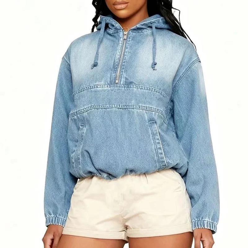 Damen Oversize Jeans-Hoodie mit halbem Reißverschluss, Kängurutasche und elastischem Saum Nord Taschen