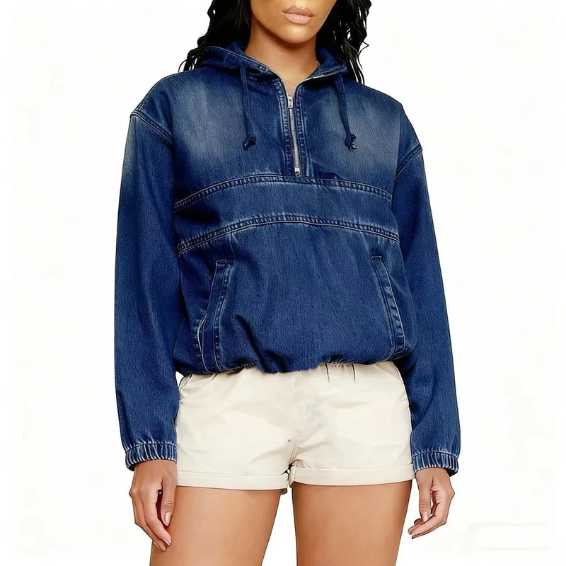 Damen Oversize Jeans-Hoodie mit halbem Reißverschluss, Kängurutasche und elastischem Saum Nord Taschen