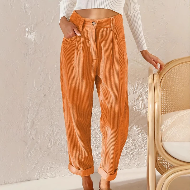 Damen lässige Cordhose mit hoher Taille, lockerer Tapered-Passform und umgeschlagenem Saum Nord Taschen