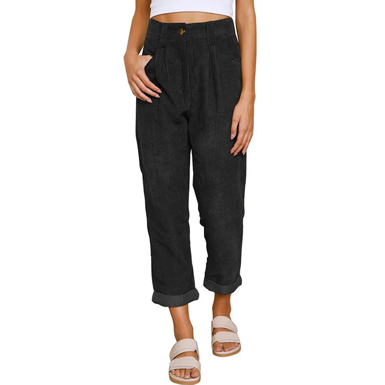 Damen lässige Cordhose mit hoher Taille, lockerer Tapered-Passform und umgeschlagenem Saum Nord Taschen