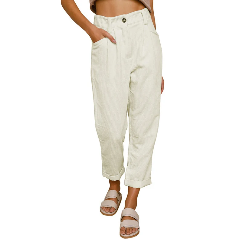 Damen lässige Cordhose mit hoher Taille, lockerer Tapered-Passform und umgeschlagenem Saum Nord Taschen