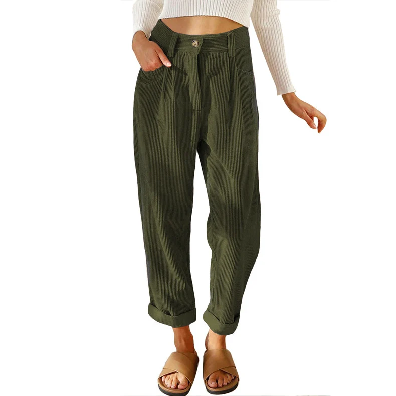 Damen lässige Cordhose mit hoher Taille, lockerer Tapered-Passform und umgeschlagenem Saum Nord Taschen