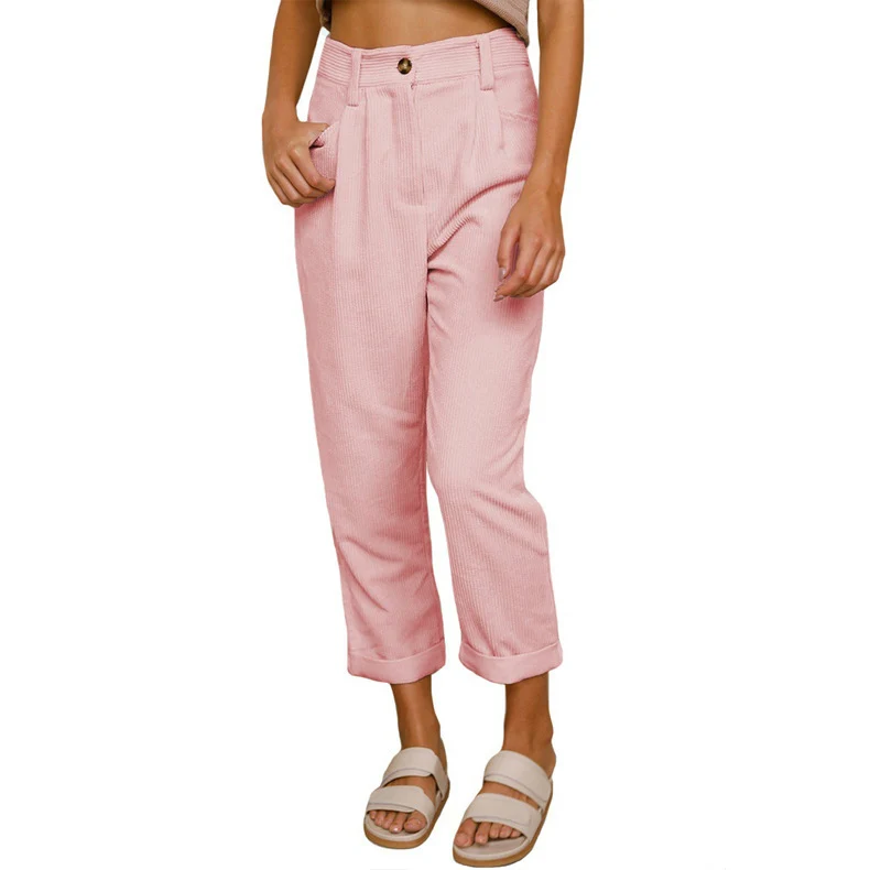 Damen lässige Cordhose mit hoher Taille, lockerer Tapered-Passform und umgeschlagenem Saum Nord Taschen