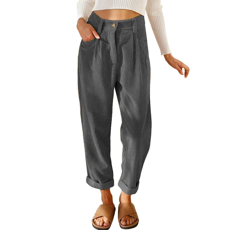 Damen lässige Cordhose mit hoher Taille, lockerer Tapered-Passform und umgeschlagenem Saum Nord Taschen