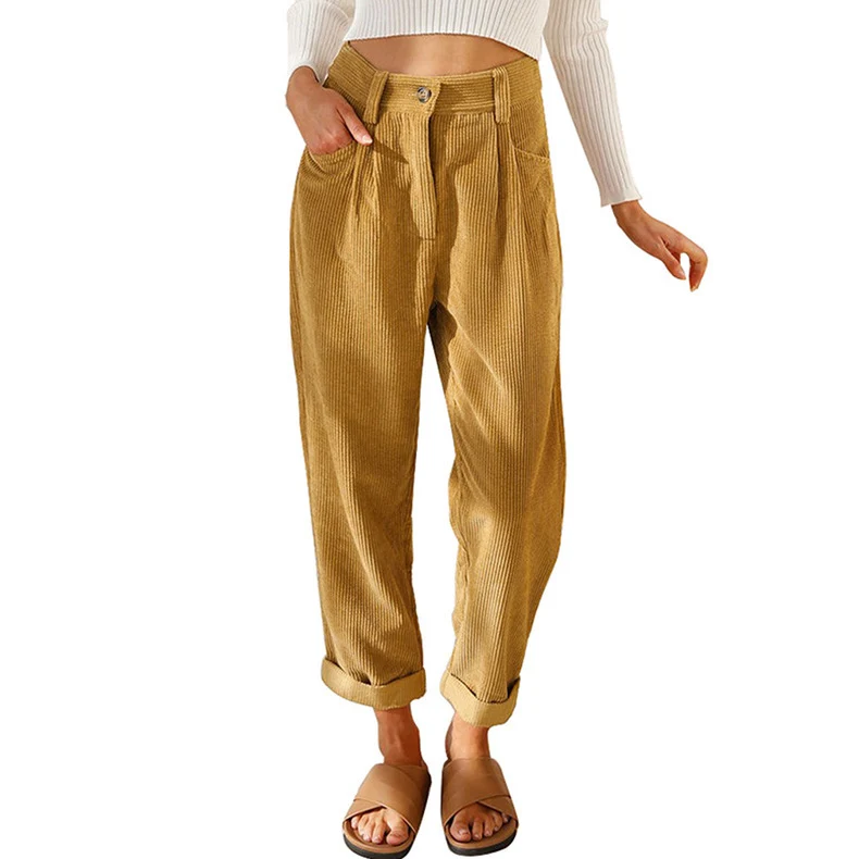 Damen lässige Cordhose mit hoher Taille, lockerer Tapered-Passform und umgeschlagenem Saum Nord Taschen
