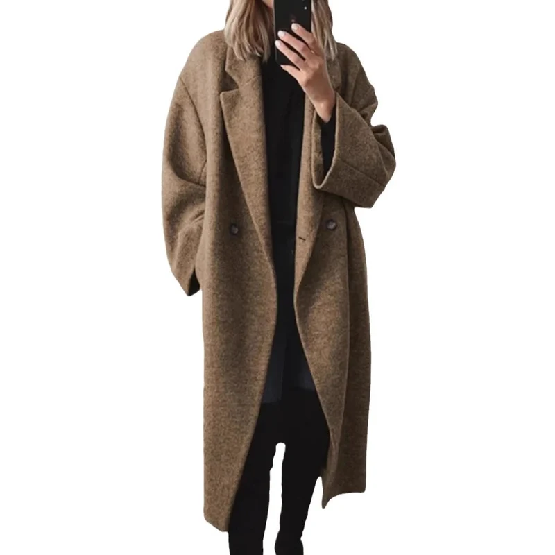 Damen Langmantel aus Wollmix mit doppelreihiger Knopfleiste und weitem Revers Nord Taschen